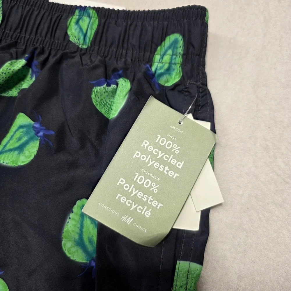 H&M Swim Shorts Mens Large Black Green Strawberry Print Knee‎ Length Trunks NEW